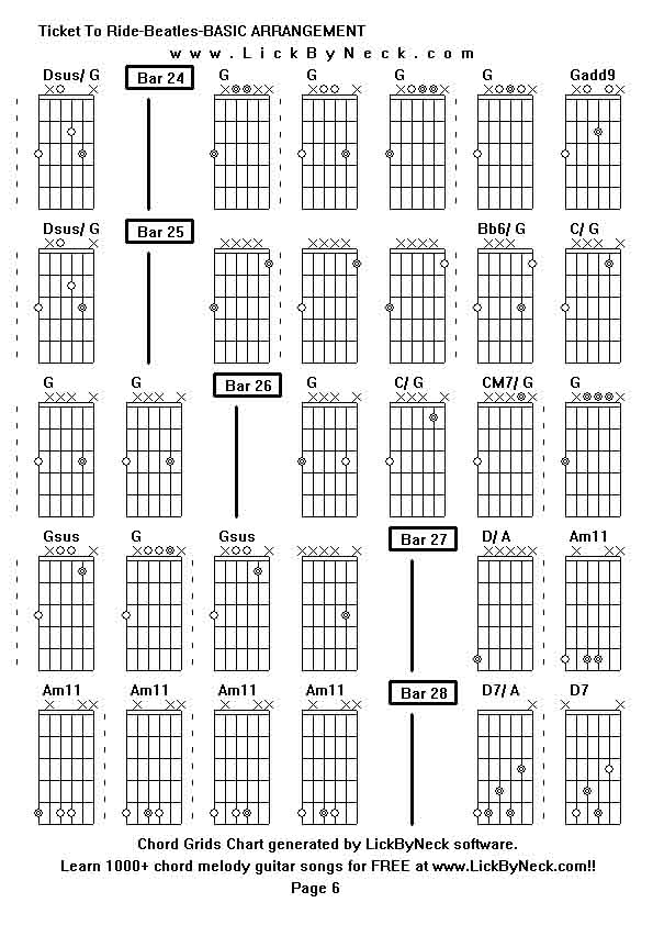 Chord Grids Chart of chord melody fingerstyle guitar song-Ticket To Ride-Beatles-BASIC ARRANGEMENT,generated by LickByNeck software.